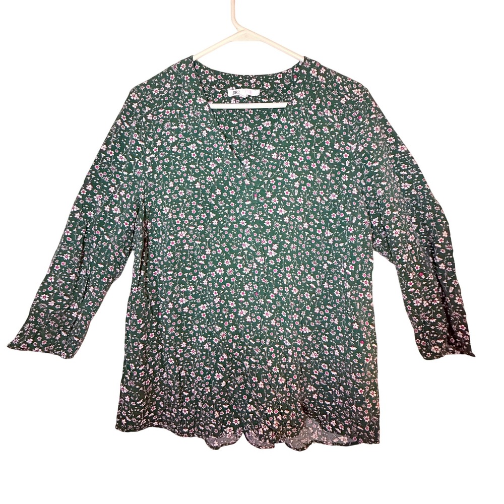 DR2 Floral V-Neck Blouse Women Large Green Ditsy Rayon 3/4 Sleeve Excellent